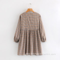 V-neck Plaid Casual Cute Student Long-Sleeved Dress